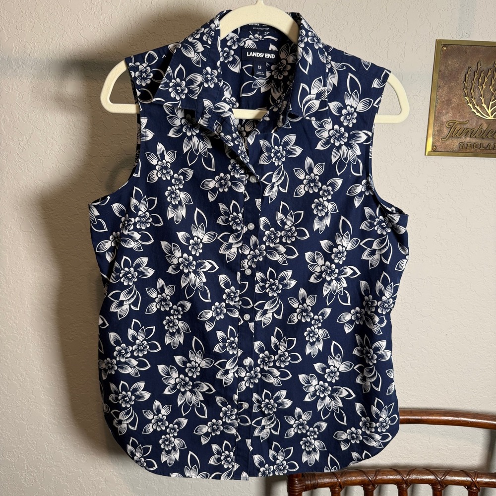 Lands End Womens Navy Blue White Floral Supima Cotton Sleeveless Shirt Size 12